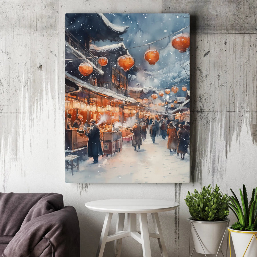 Asian Winter Street Market Canvas | Watercolor Snow Scene with Lanterns | Premium Gallery Wrapped Art | Cozy Home Decor Gift