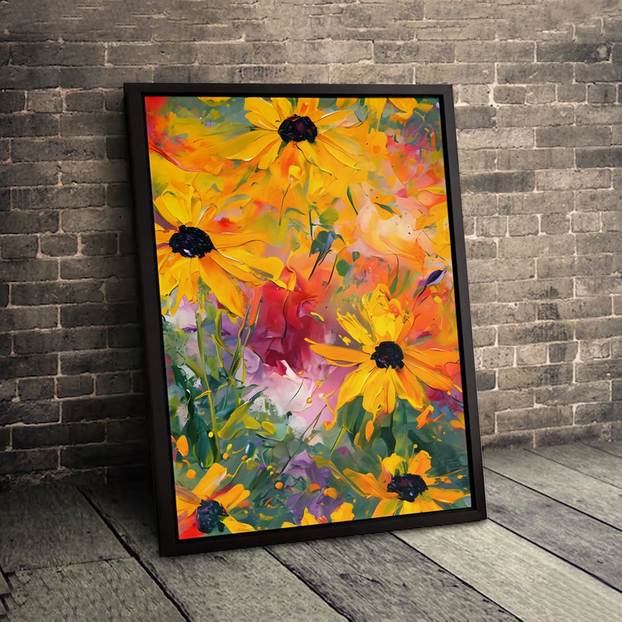 Black-Eyed Susan Canvas Wall Art | Abstract Impasto Floral Painting | Premium Gallery-Wrapped Print | Vibrant Home Decor Gift