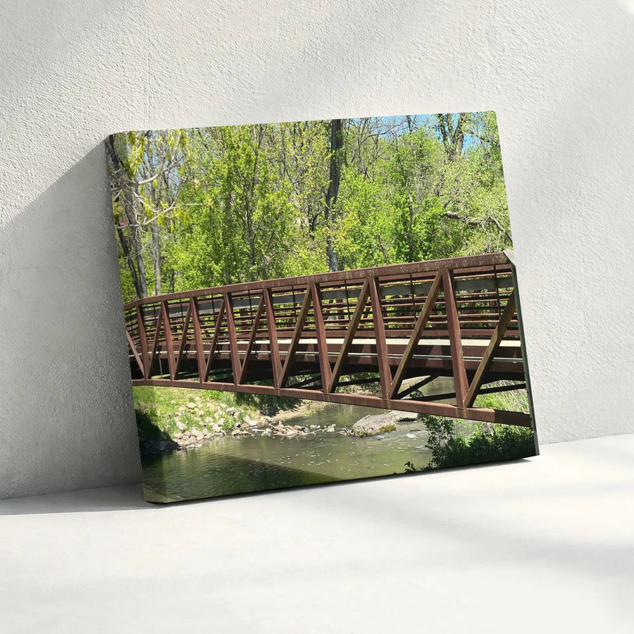 Truss Bridge Canvas Wall Art | Spring Forest Creek Photography | Premium Stretched Canvas | Rustic Farmhouse Decor Gift for Nature Lovers