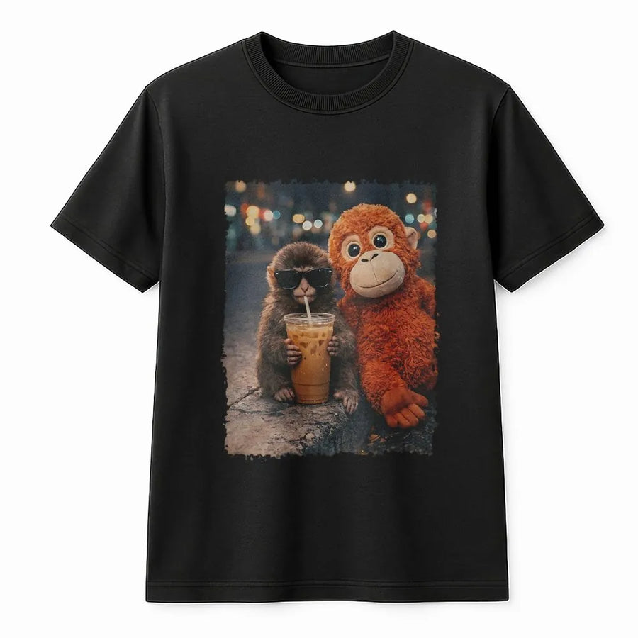 Monkey With Iced Coffee T-Shirt | Funny Plush Animal Graphic | Premium 100% Cotton Tee | Trending Aesthetic Streetwear Gift For Coffee Lovers