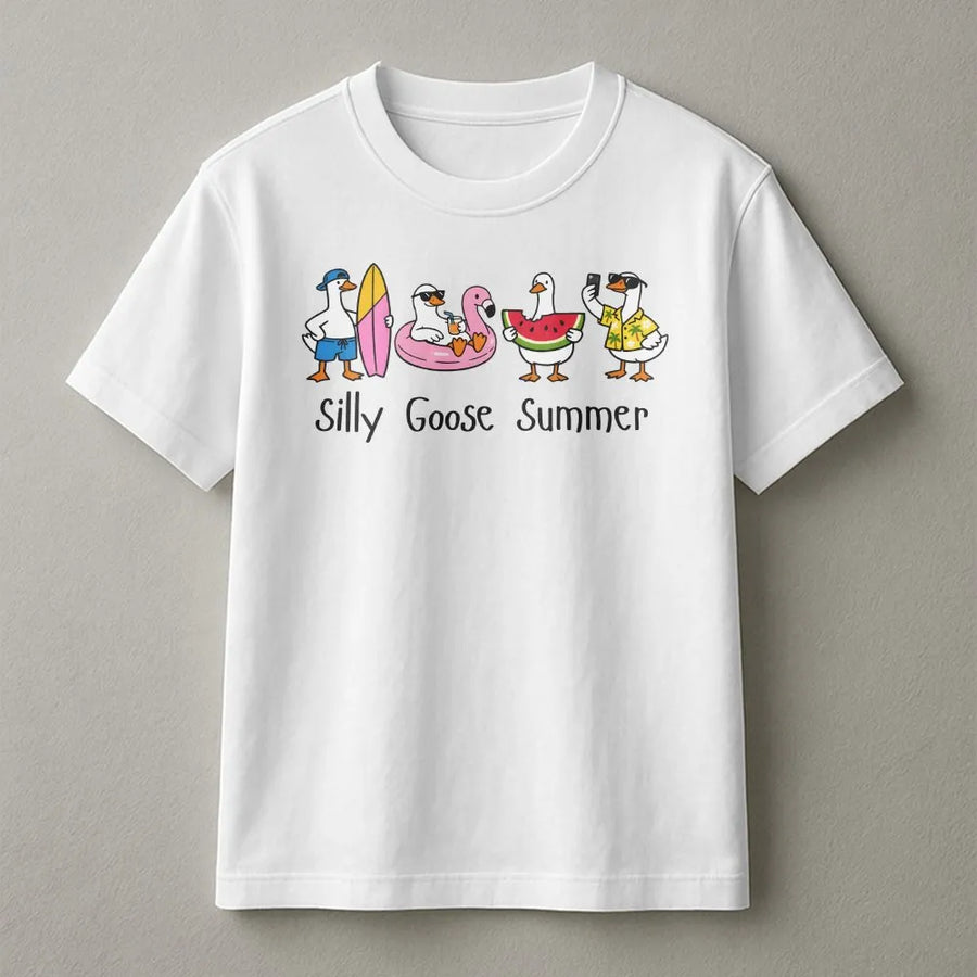 Silly Goose Summer T-Shirt | Cute Cartoon Beach Geese Graphic | Soft Unisex Pullover | Funny Novelty Gift for Goose Lovers