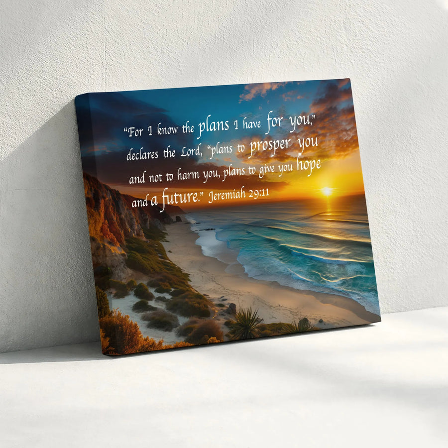 Jeremiah 29:11 Canvas Wall Art | Inspirational Bible Verse with Ocean Sunset | Premium Gallery Wrapped Canvas | Christian Home Decor Gift