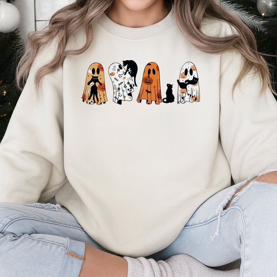 Halloween Ghost Cat Sweatshirt | Cute Spooky Pumpkin Graphic Print | Cotton Blend Premium Crewneck | Unisex Autumn Gift For Cat Lovers