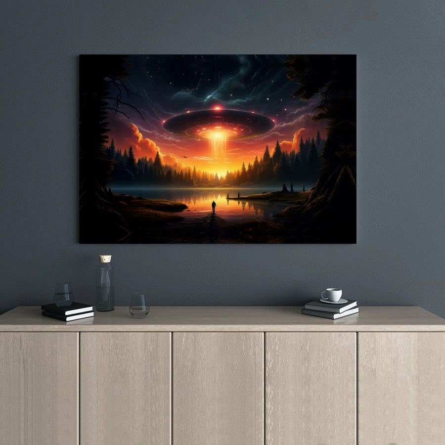UFO Canvas Wall Art | Alien Abduction Forest Landscape | Premium Gallery Wrapped Decor | Sci-Fi Collector Gift for Home Office