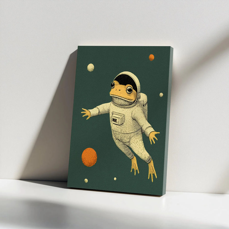 Frog Astronaut Canvas Wall Art | Vintage Illustration Style Space Print | Premium Thick Gallery Canvas | Whimsical Kids Room Decor Gift