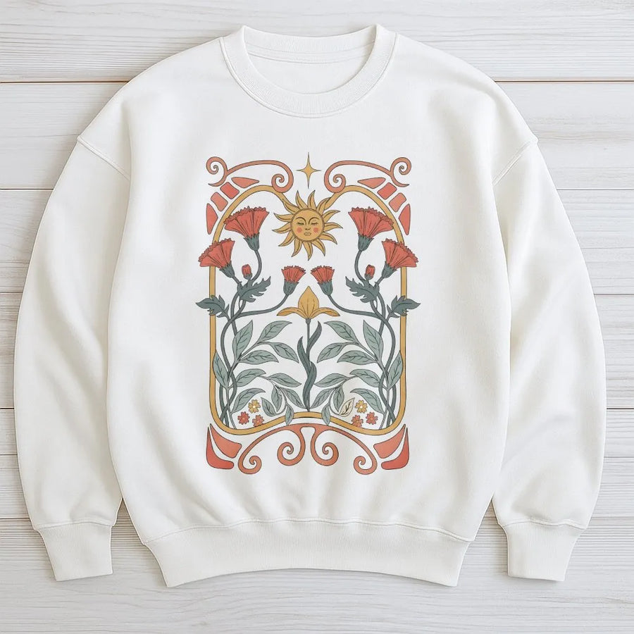 Art Nouveau Floral Sweatshirt | Mystical Sun & Wildflower Graphic | Premium Comfort Colors Cotton Shirt | Boho Hippie Style Gift for Her