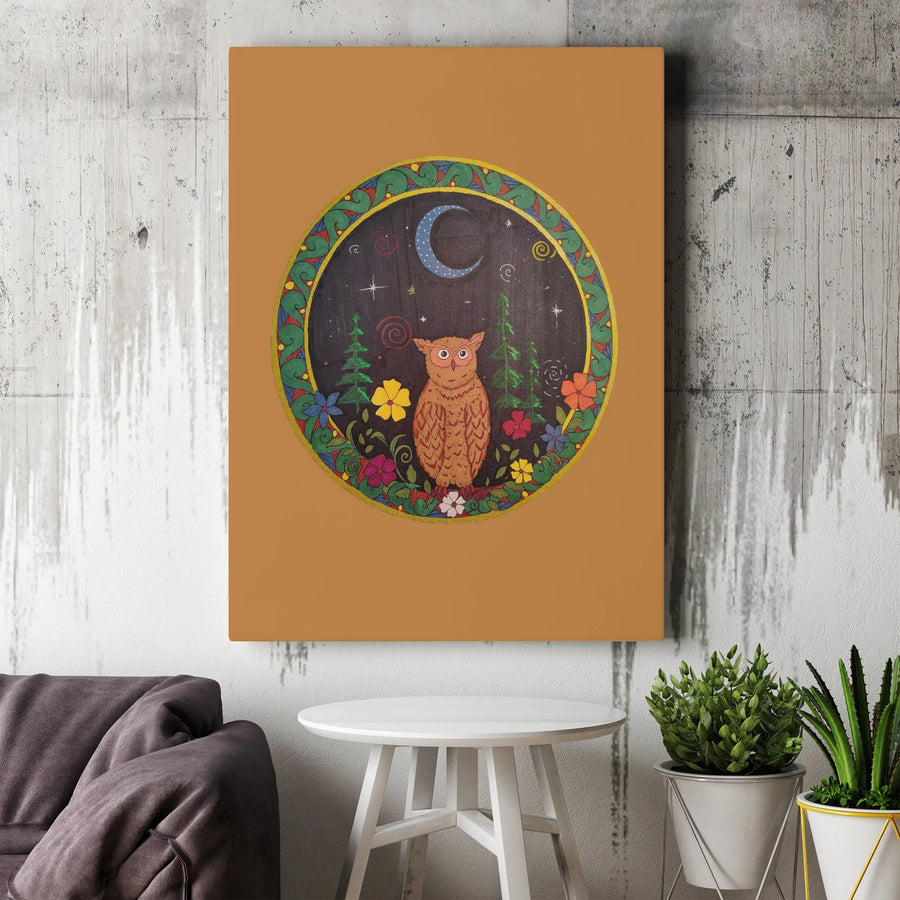 Folk Art Owl Wall Art | Night Forest Floral Crescent Moon Print | Premium Gallery Canvas | Whimsical Nature Lover Gift Decor