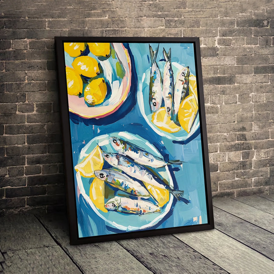 Sardines and Lemons Canvas Print | Mediterranean Still Life Art | Premium Gallery-Wrapped Fade-Resistant Decor | Coastal Kitchen Wall Art Gift