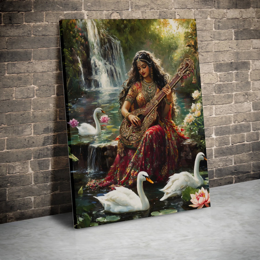Goddess Saraswati Vertical Canvas | Indian Deity Art with Swans & Waterfall | Premium High-Resolution Print | Spiritual Wall Art Gift for Home