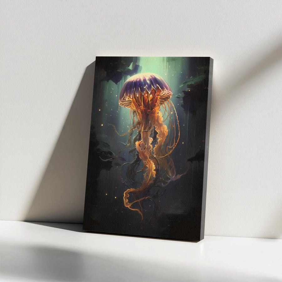 Glowing Jellyfish Canvas Wall Art | Bioluminescent Deep Sea Painting | Premium Gallery Wrapped Canvas | Moody Underwater Home Decor Gift