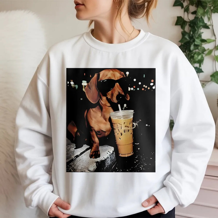 Dachshund Iced Coffee Sweatshirt | Funny Dog Graphic Print | Unisex Premium Cotton Blend | Aesthetic Dog Lover Gift For Women And Men