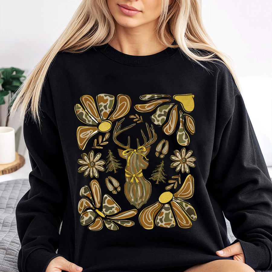 Camo Deer Bow Sweatshirt | Preppy Boho Hunter Graphic | Premium Cotton Blend Crewneck | Fall Hunting Season Gift for Women