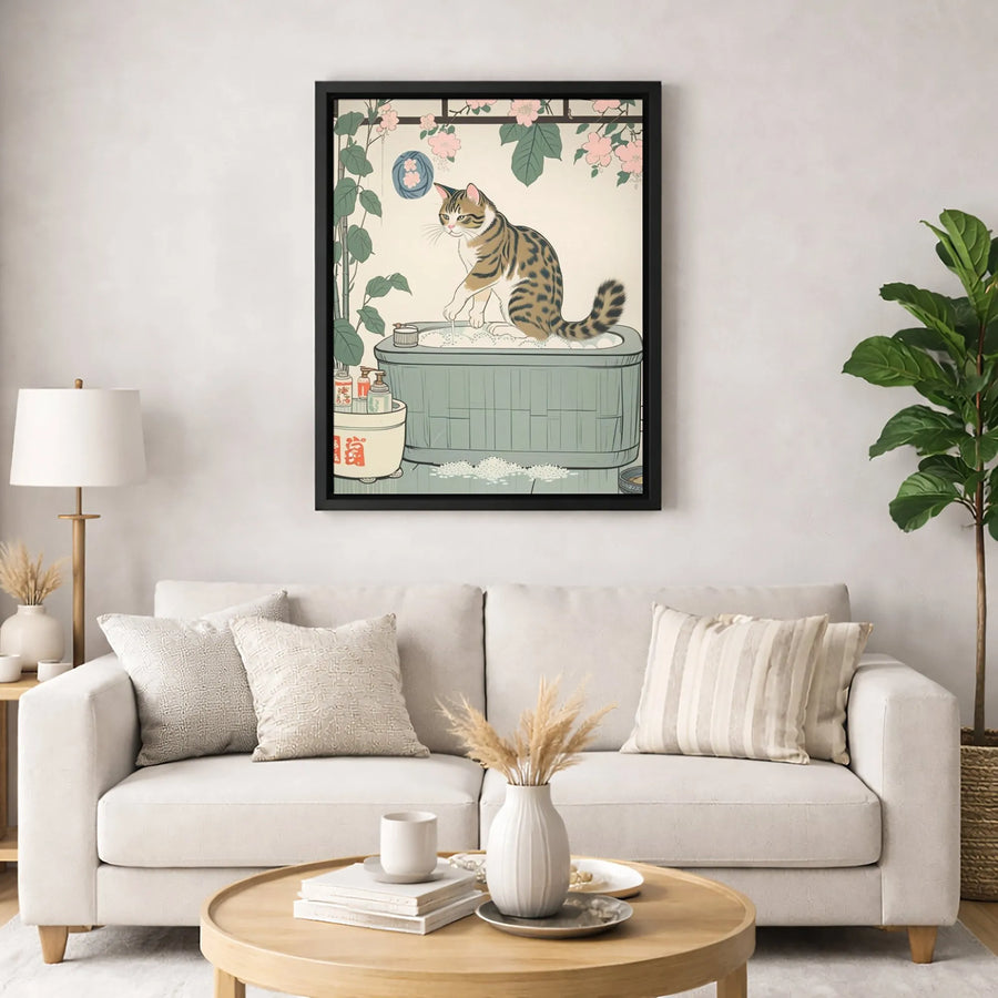 Japanese Cat Bathing Canvas Print | Ukiyo-e Style Cherry Blossom Wall Art | 1.25" Premium Gallery Wrapped Canvas | Whimsical Bathroom Home Decor Gift