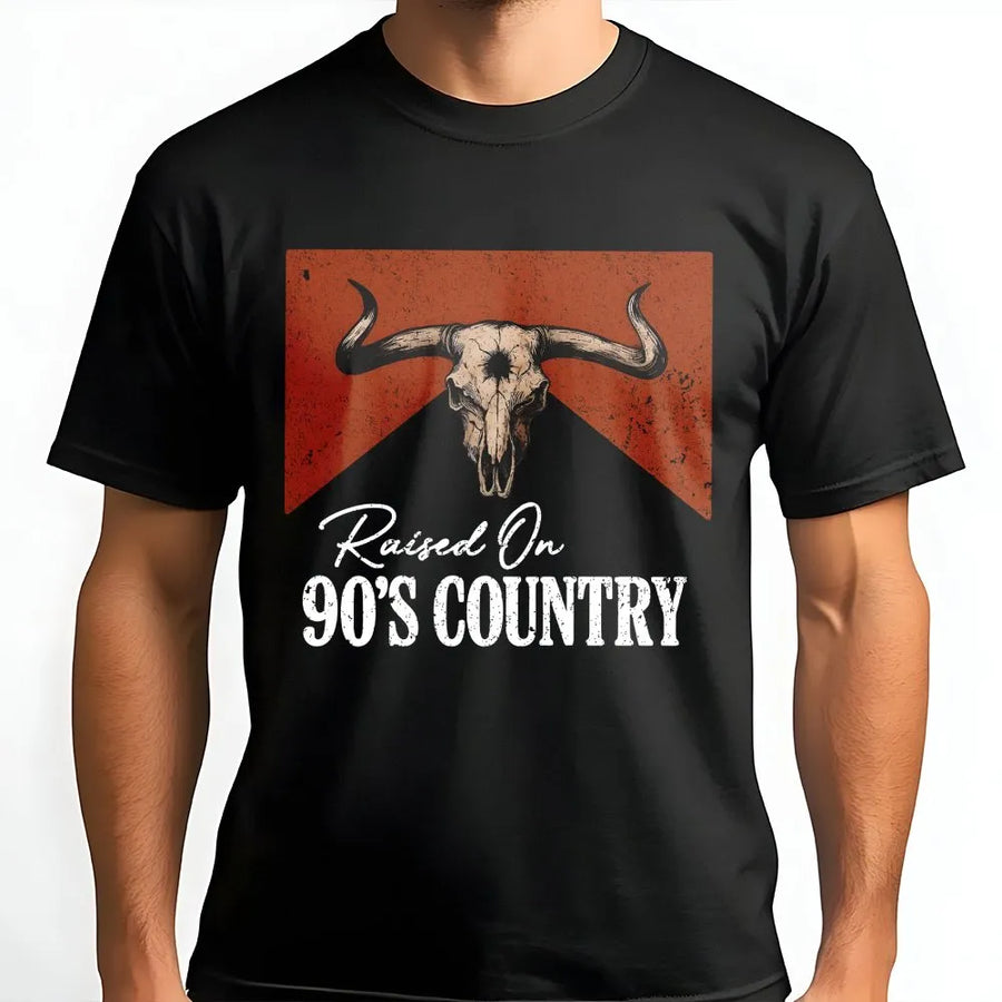 Raised On 90s Country T-Shirt | Vintage Western Cow Skull Graphic | Soft Cotton Blend | Gift for Country Music Fan, Retro Cowboy Apparel