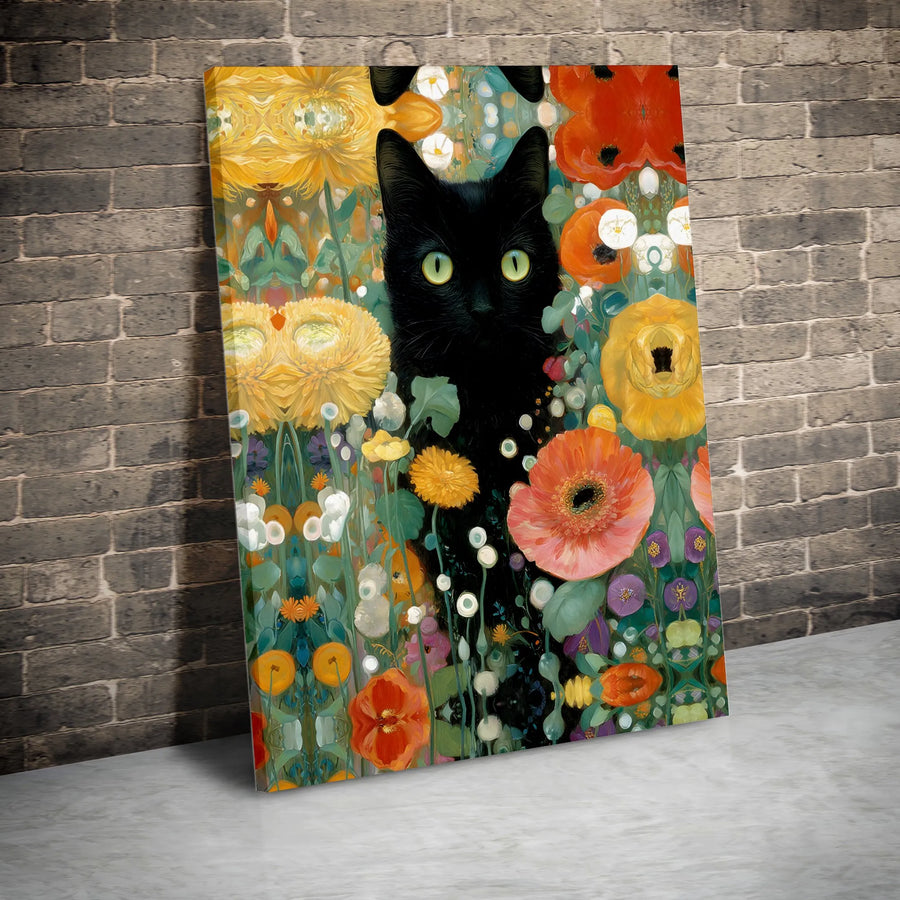 Black Cat Canvas Wall Art | Whimsical Floral Garden Painting | Premium Fade-Resistant Gallery Wrap | Gift for Cat Lovers & Home Decor