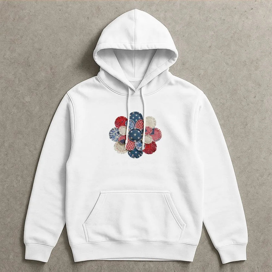 Patriotic Patchwork Flower Hoodie | Americana Quilt Style Graphic | Premium Comfort Colors Tee | 4th of July Gift for Women