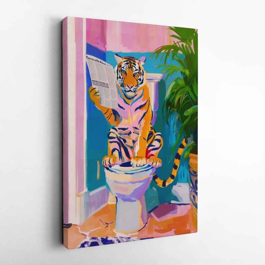 Tiger Reading Newspaper On Toilet Canvas Wall Art | Funny Animal Bathroom Decor | Gallery-Wrapped Premium Print | Whimsical Gift For Home