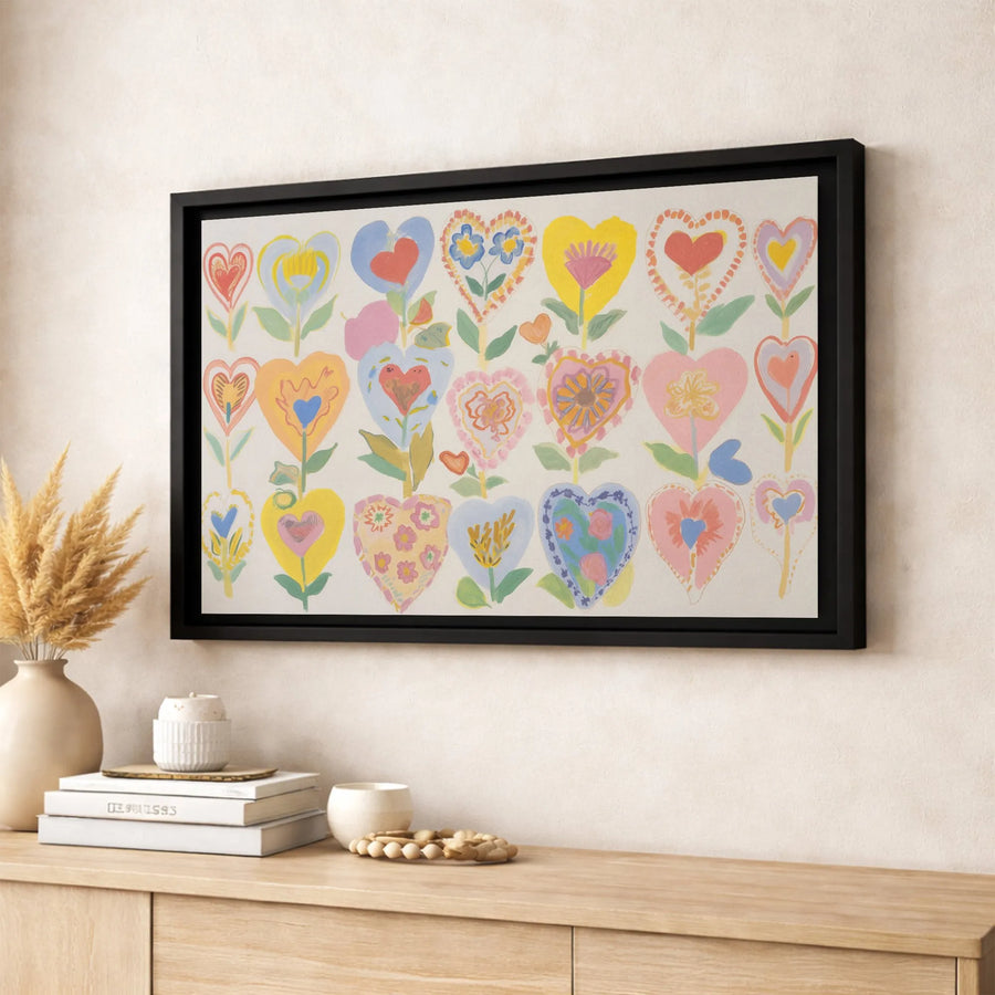 Heart Flower Wall Art | Folk Art Floral Canvas Print | Premium Gallery Wrapped Decor | Whimsical Colorful Nursery Gift