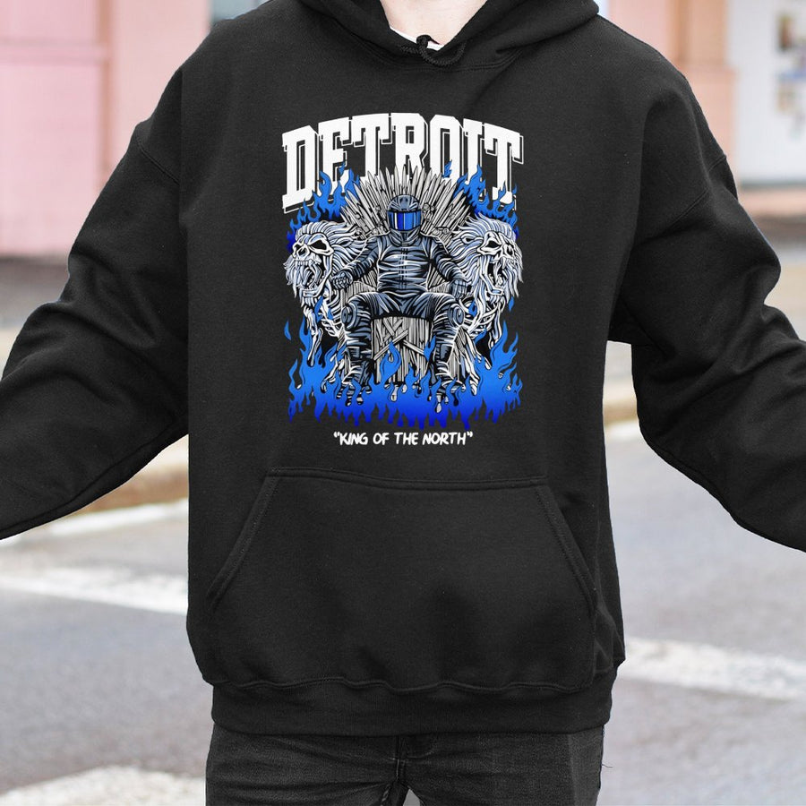 Detroit Hoodie, King Of The North Graphic , Urban Streetwear Hoodie, Blue Flame Lion Fantasy Design, Unisex Oversized