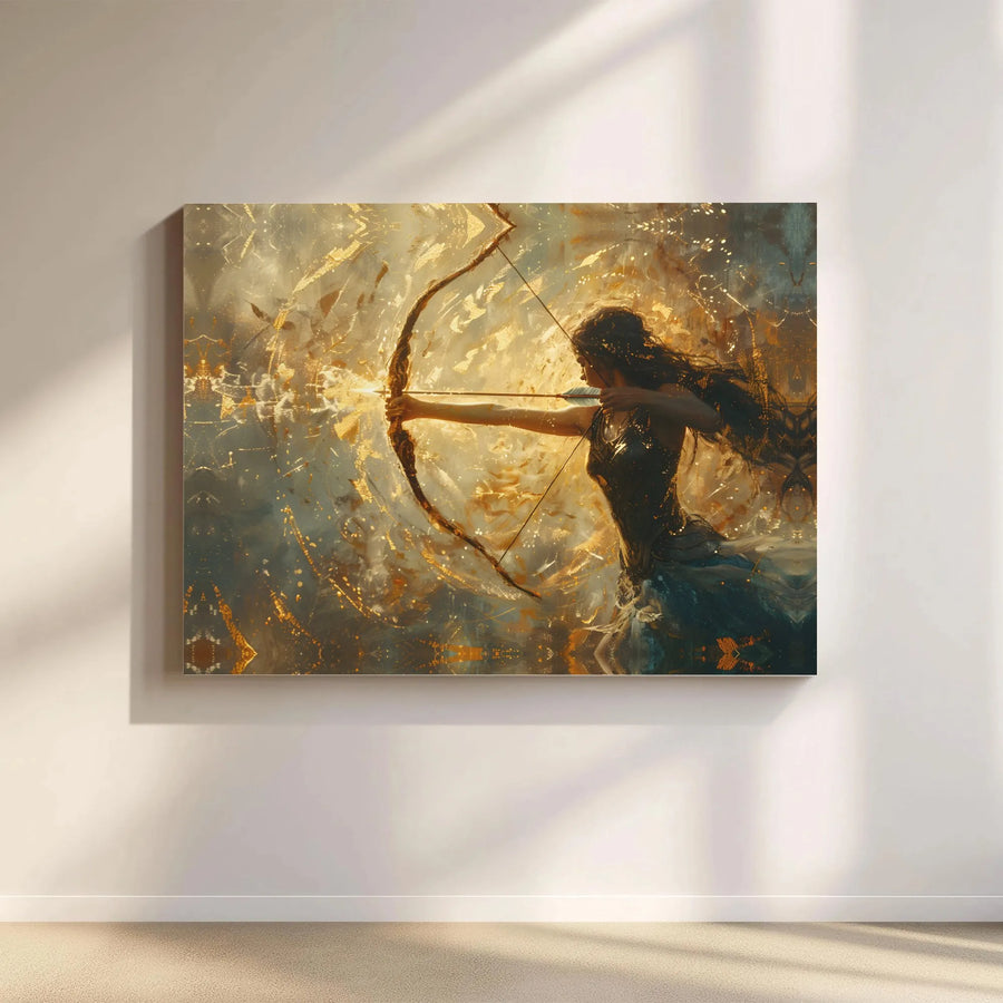 Sagittarius Zodiac Canvas Wall Art | Golden Archer Goddess Painting | Premium Thick Gallery Wrap | Collector's Astrology Home Decor Gift