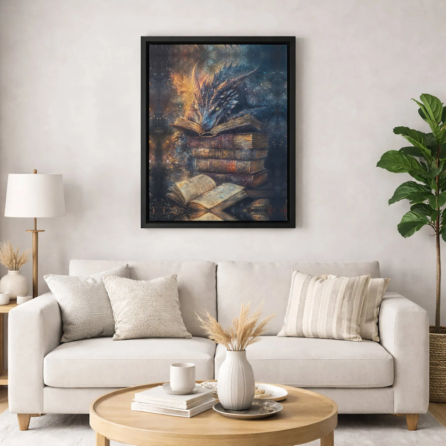 Dragon Reading Books Canvas Art | Cosmic Fantasy Wall Decor | Premium 1.25 Inch Gallery Wrap | Gift for Readers & Fantasy Art Collectors