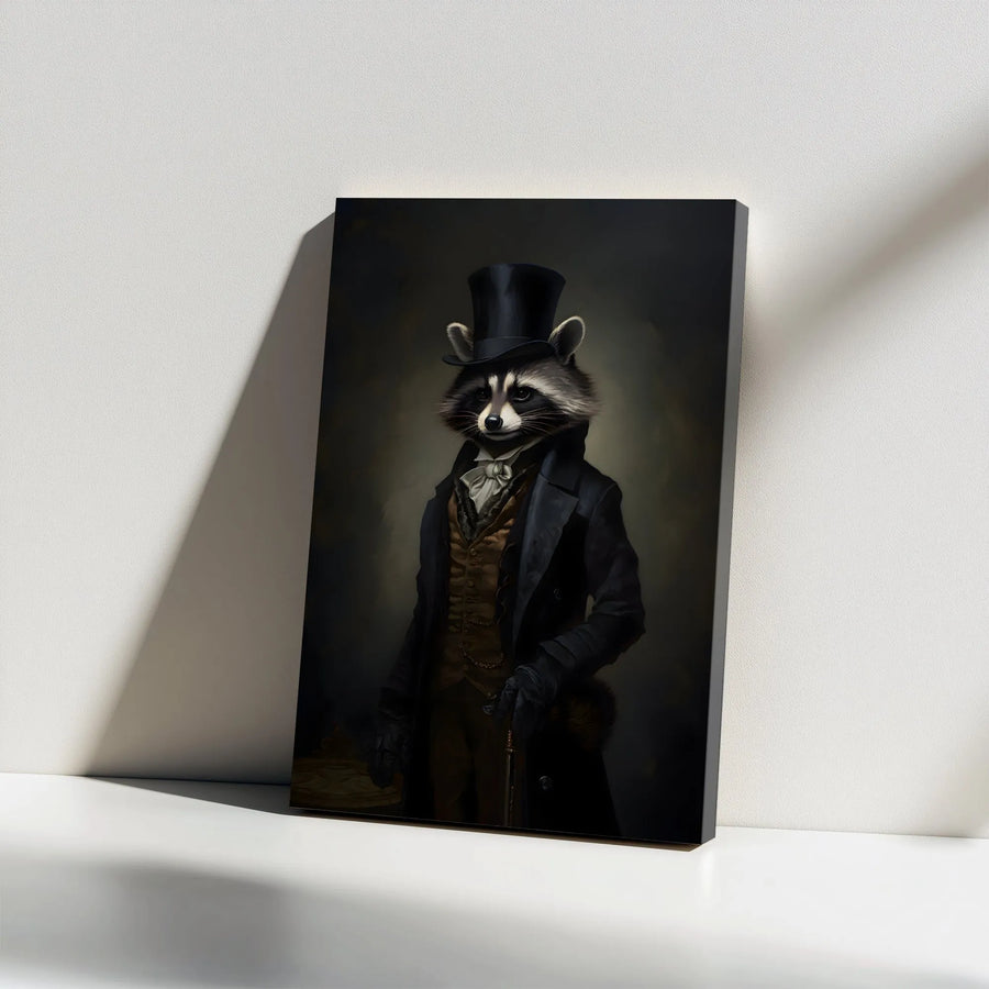 Victorian Raccoon Gentleman Canvas Print | Whimsical Anthropomorphic Animal Portrait | 1.25" Gallery Wrap | Unique Home Office Wall Decor Gift