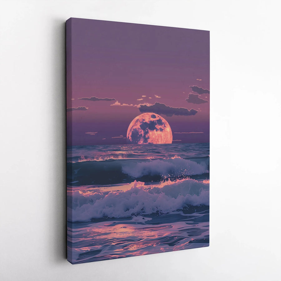 Pink Moon Ocean Canvas Wall Art | Synthwave Retro Sunset Landscape | Premium Fade-Resistant Print | Aesthetic Home Office Decor