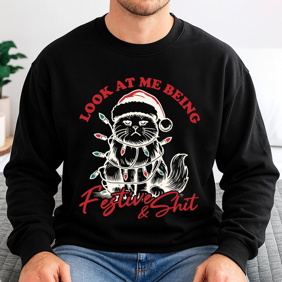 Funny Cat Christmas Sweatshirt | Grumpy Kitten In Santa Hat | Premium Cotton Blend | Sarcastic Holiday Gift For Cat Lovers