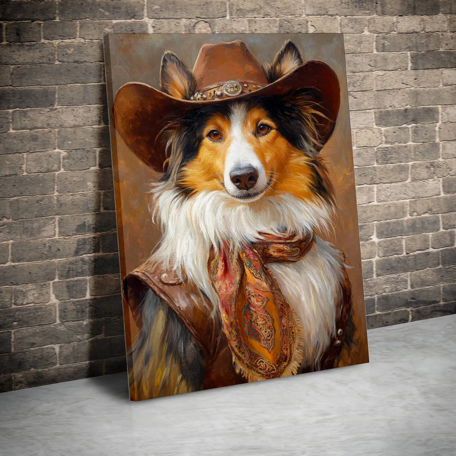 Shetland Sheepdog Cowboy Portrait Canvas | Western Dog Wall Art | Gallery Quality Fade-Resistant Print | Unique Gift for Sheltie Lovers