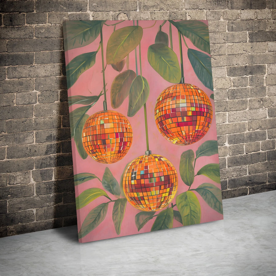 Retro Disco Ball Canvas Wall Art | Botanical Pink and Orange Aesthetic | Premium Gallery Wrap Print | Funky Disco Decor for Bedroom or Living Room