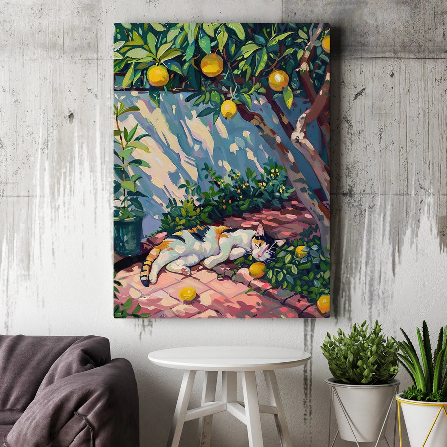 Calico Cat Canvas Wall Art | Painterly Print of Cat Sleeping in Lemon Grove | Premium Gallery Quality Canvas | Gift for Cat Lover & Home Decor