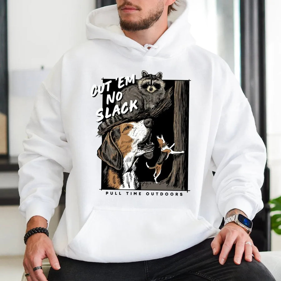 Coon Hunting Hoodie | Cut 'Em No Slack Raccoon Dog Graphic | Premium Cotton Blend | Gift For Outdoor Sportsman And Hound Hunters