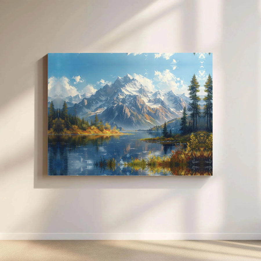 Mountain Lake Canvas Wall Art | Snowy Peaks Landscape Print | Premium Gallery Wrap Decor | Nature Lover Living Room Gift