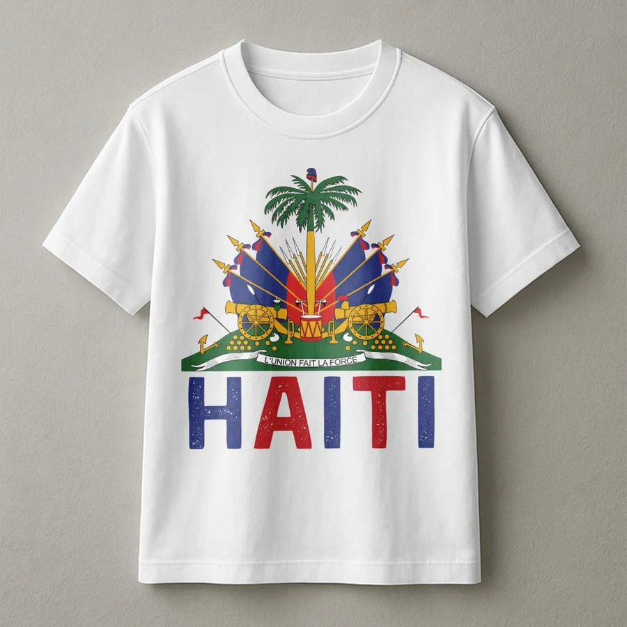 Haitian Pride T-Shirt | Vintage Haiti Coat of Arms Graphic | Soft 100% Cotton | Freedom Began With Us Patriotic Gift