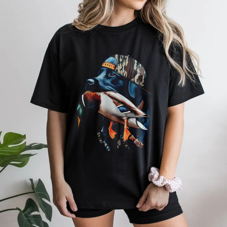 Hunting Dog T-Shirt | Black Lab Duck Hunter Graphic | Premium Cotton Unisex Tee | Perfect Gift for Waterfowl Hunters