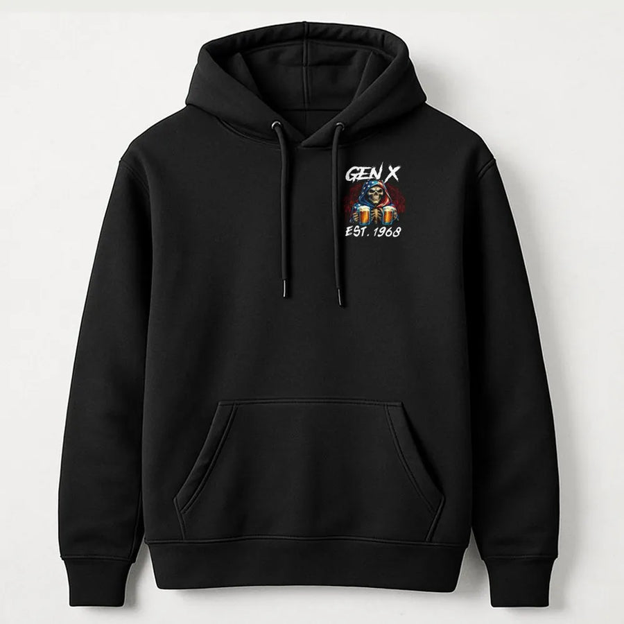 Gen X Hoodie | 1968 Birthday Skull Graphic | Cotton-Poly Premium Apparel | Vintage Aesthetic Gift for Men and Women