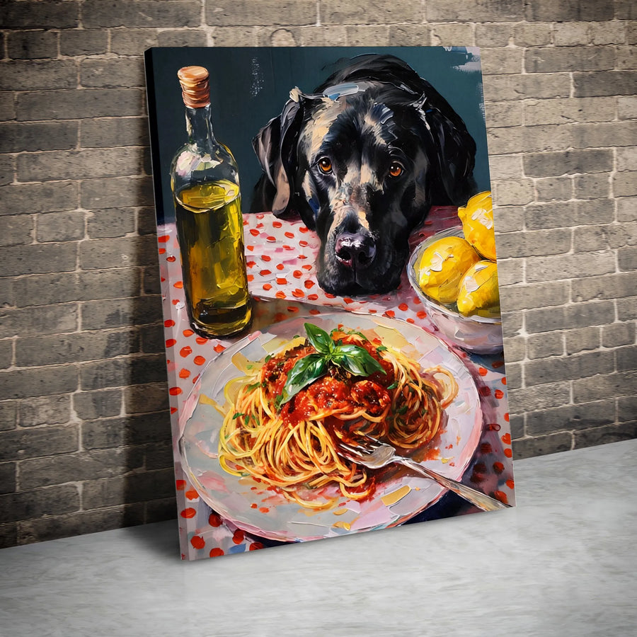 Funny Black Lab Spaghetti Canvas Print | Colorful Italian Kitchen Painting | Premium Gallery Wrapped Canvas | Gift for Dog Lover & Chef