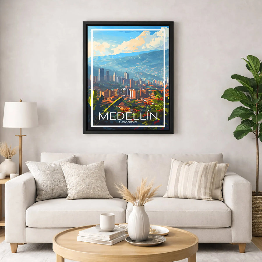 Medellin Colombia Travel Poster Canvas | Stylized Andean Cityscape Art | Gallery-Quality 1.25 inch Thick Print | Home Decor Gift for Travel Lovers