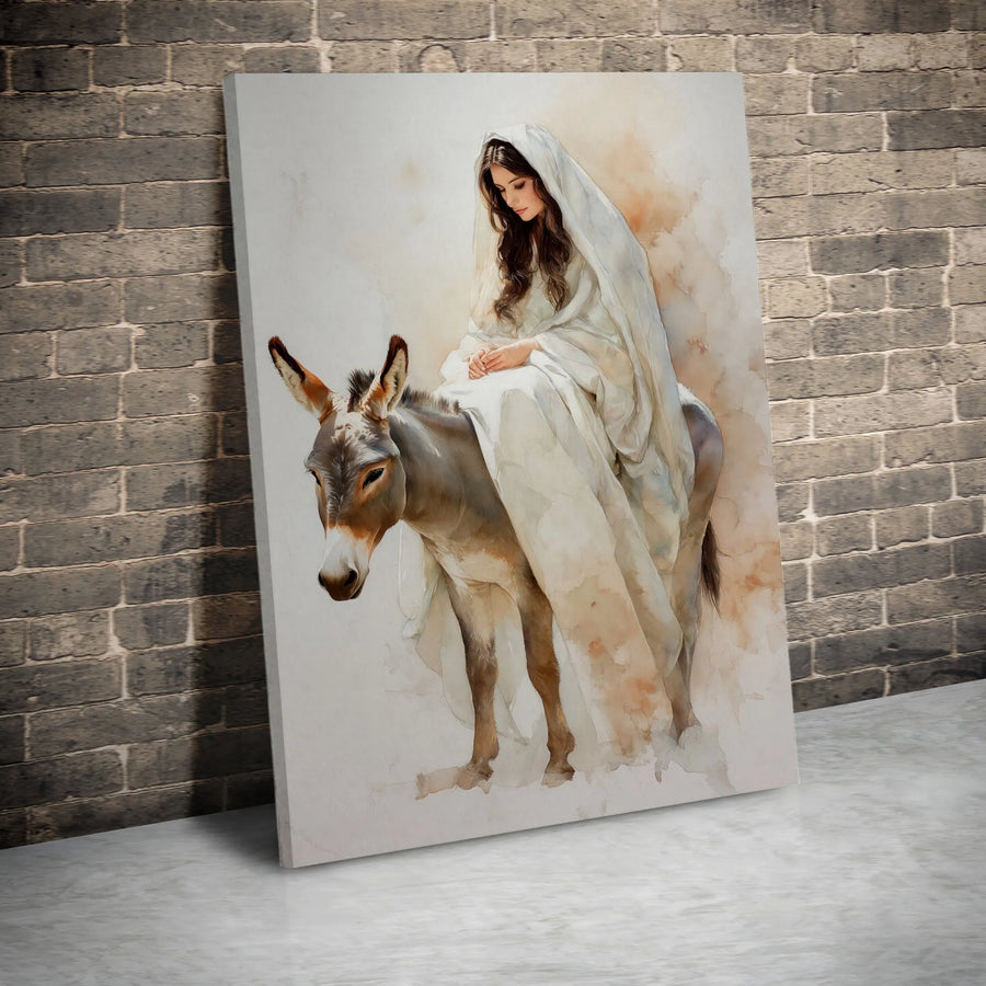 Virgin Mary on Donkey Canvas Wall Art | Watercolor Religious Painting | Premium Fade-Resistant Print | Catholic Home Decor Gift for Christmas