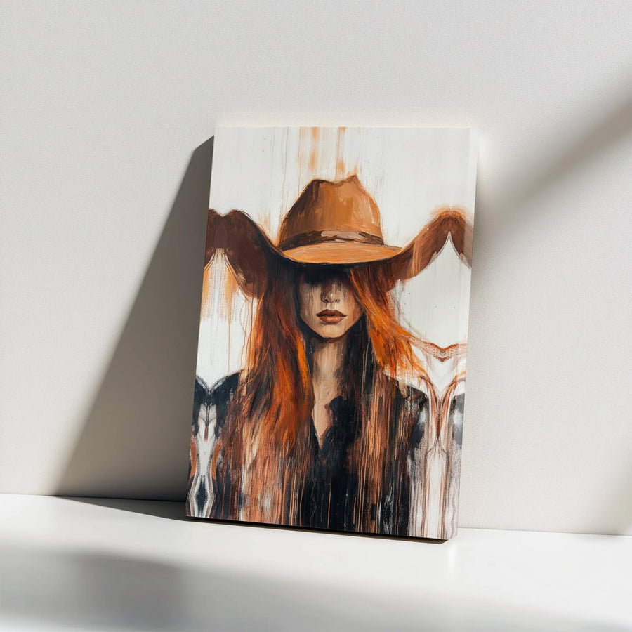 Western Cowgirl Canvas Wall Art | Abstract Redhead Portrait Painting | Premium Gallery Wrapped Print | Southwestern Farmhouse Decor Gift
