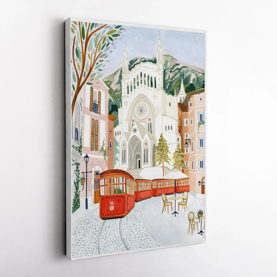 European City Scene Canvas | Red Tram and Cathedral Wall Art | Premium Gallery-Wrapped Print | Travel Inspired Home Decor Gift