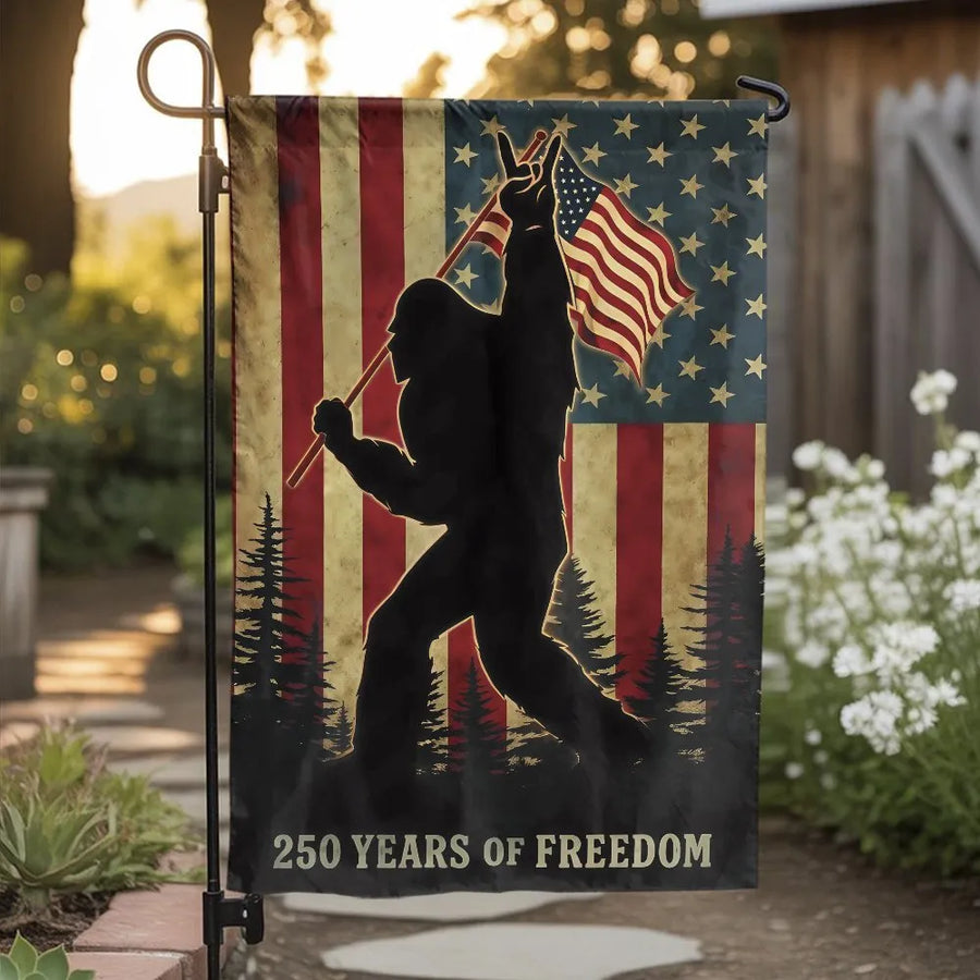 Patriotic Bigfoot Garden Flag | Sasquatch US Flag Silhouette | Double-Sided Weatherproof Banner | Funny Patriotic Yard Decor Gift for Believers