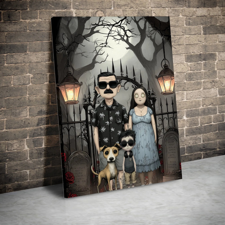 Gothic Family Portrait Canvas Art | Spooky Cemetery Illustration | Premium 1.25 Inch Gallery Wrap | Unique Alternative Home Decor Gift