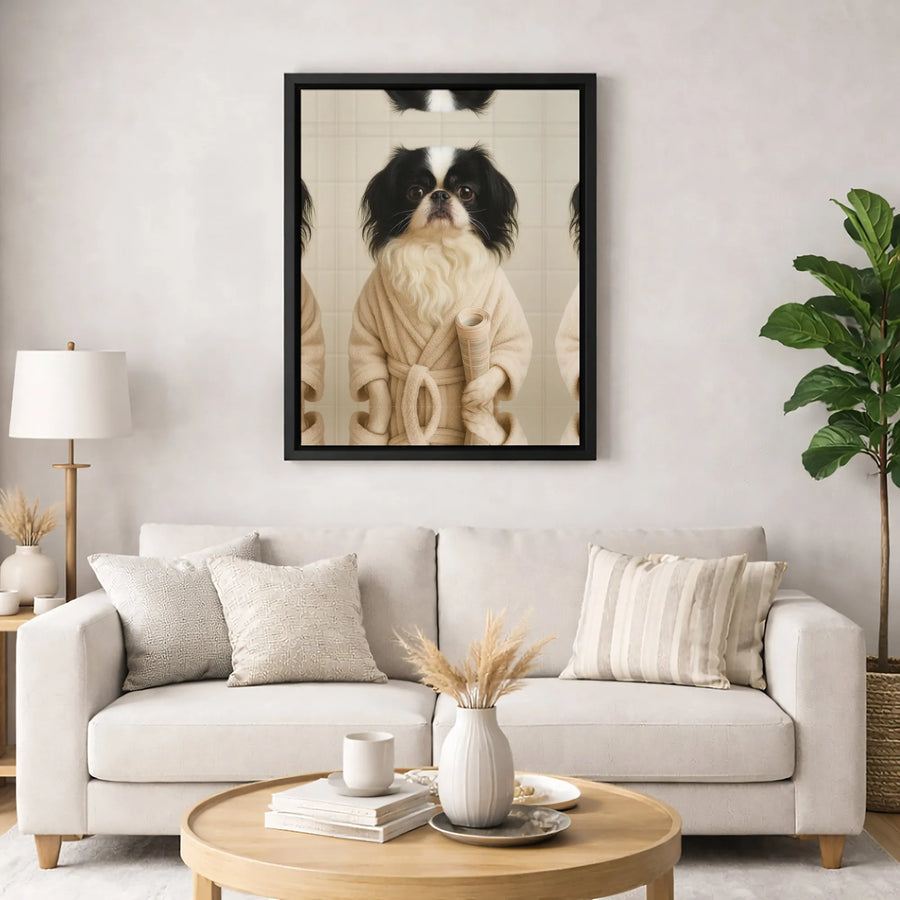 Japanese Chin Dog Wall Art | Funny Bathrobe & Newspaper Portrait | Premium Gallery Canvas | Unique Pet Lover Gift Decor
