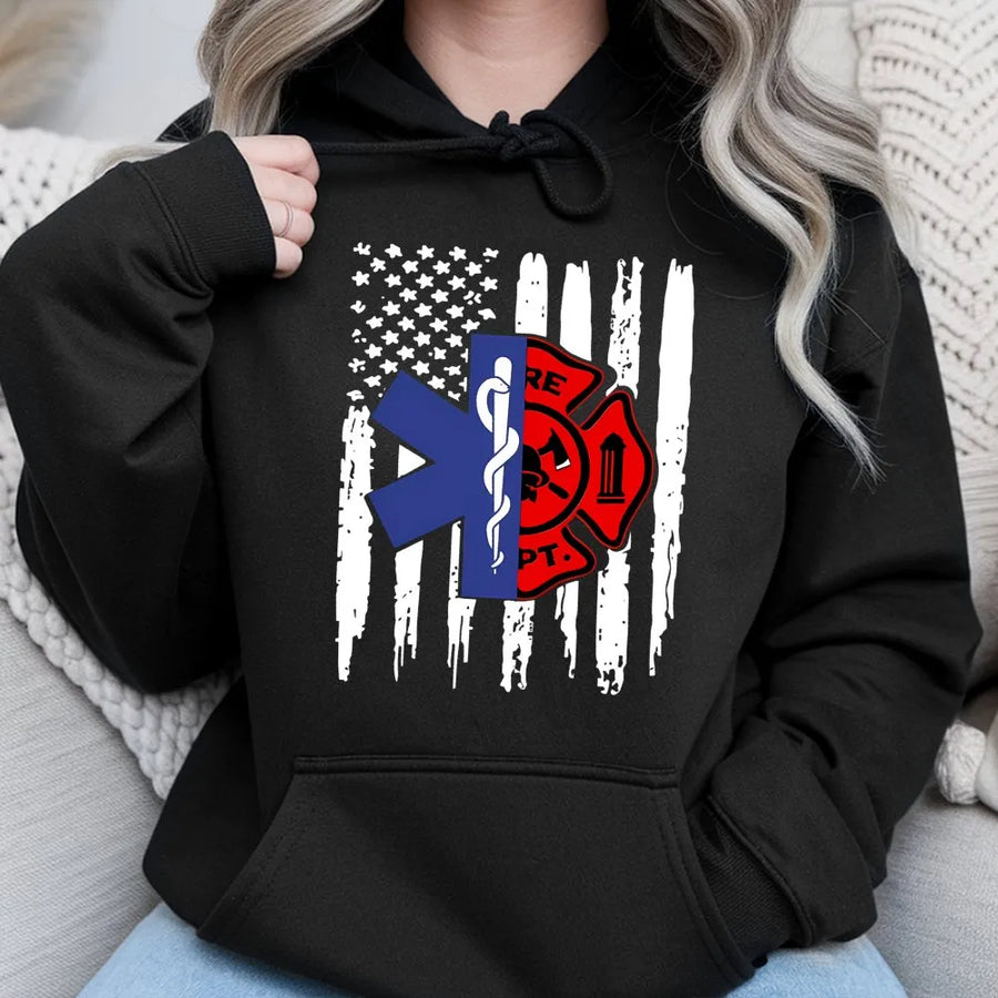 Firefighter EMT Hoodie | American Flag Star of Life Maltese Cross | Premium Cotton Blend | First Responder Hero Support Gift