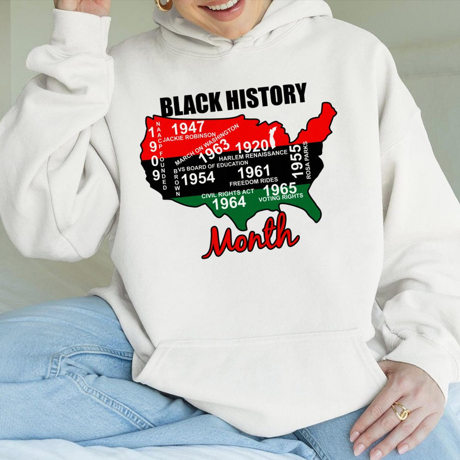 Black History Month Hoodie | USA Map Civil Rights Timeline Graphic | Premium Cotton Blend | Gift for African American Heritage Awareness