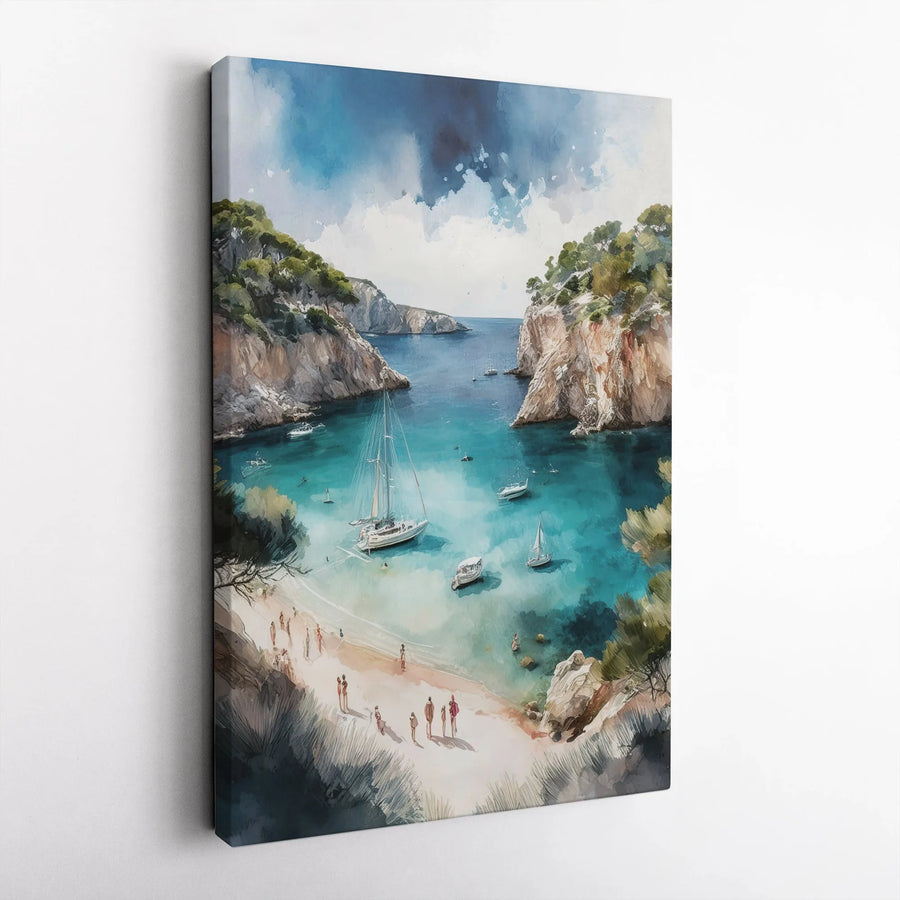 Coastal Cove Vertical Canvas | Watercolor Sailboat Seascape | Premium Gallery Wrapped Canvas | Nautical Home Decor Gift