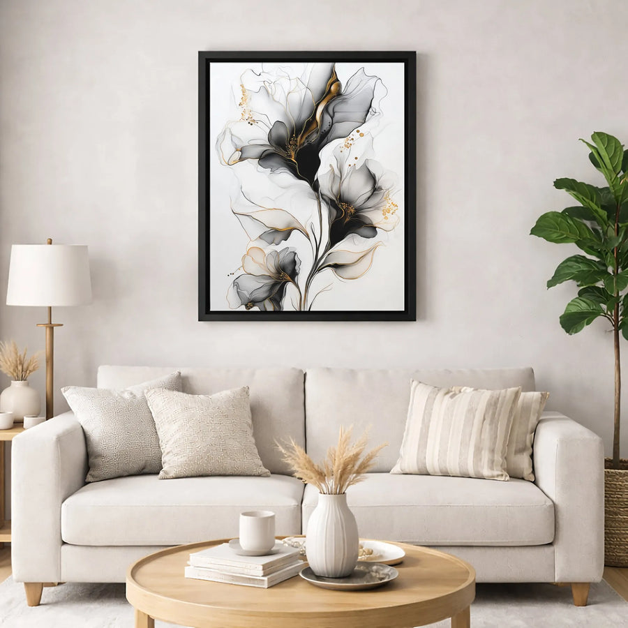 Abstract Black and Gold Flower Canvas Wall Art | Modern Alcohol Ink Botanical Print | Gallery Quality Premium Decor | Elegant Home and Office Gift