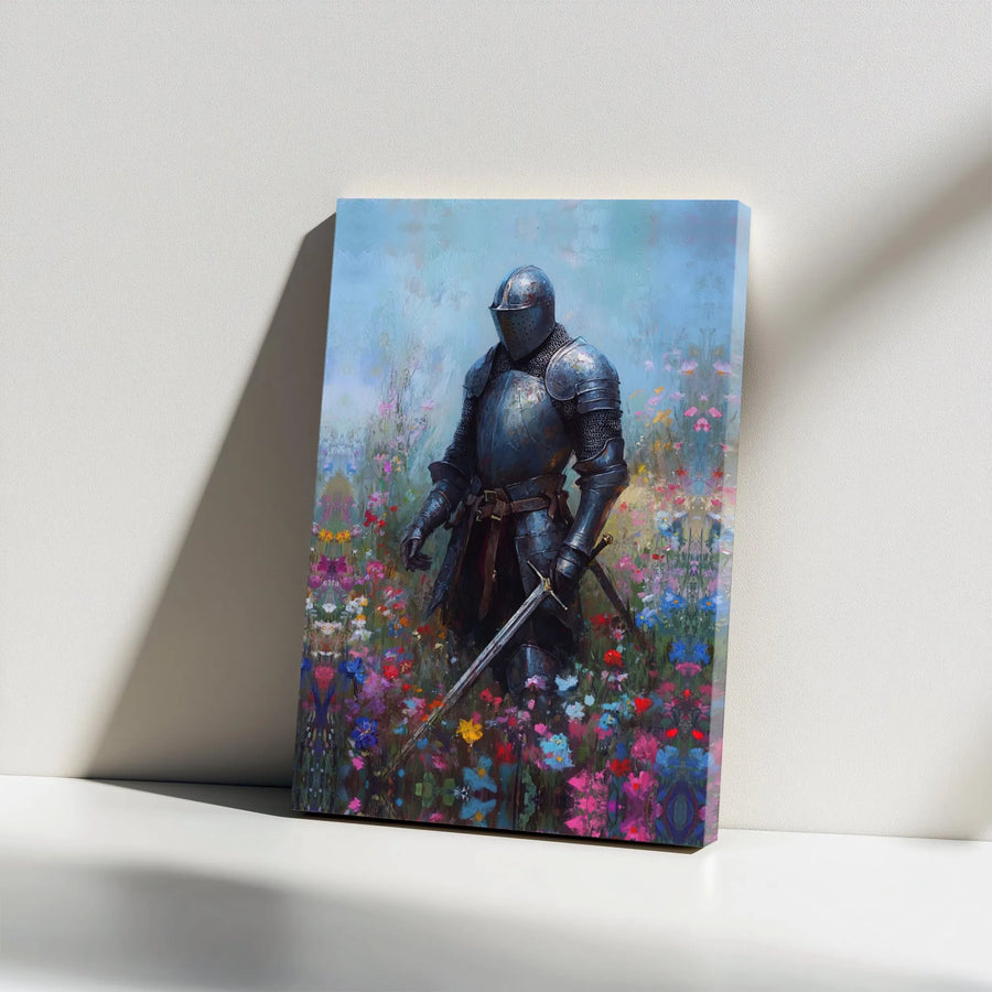 Medieval Knight Canvas Wall Art | Floral Armor Landscape Painting | Premium Gallery Wrap Print | Fantasy Home Decor Gift