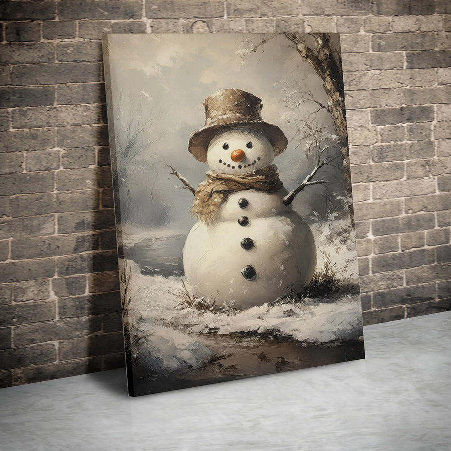 Vintage Snowman Wall Art | Rustic Winter Forest Painting | Gallery-Wrapped Canvas Print | Holiday Home Decor Gift